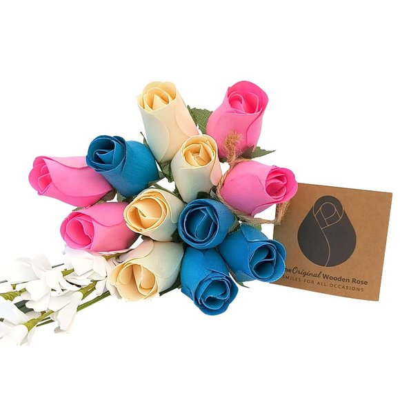 1 Dozen Gender Reveal Wooden Rose Flower Bouquet. The Original Wooden Rose - Picture 1 of 9